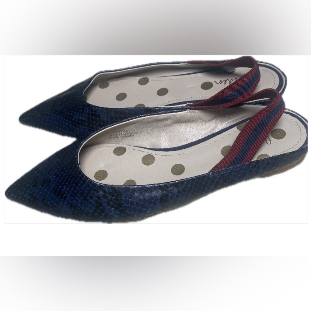 Boden Snakeskin Print Slingback Flats Pointed Toe Comfy Dark Navy Blue.